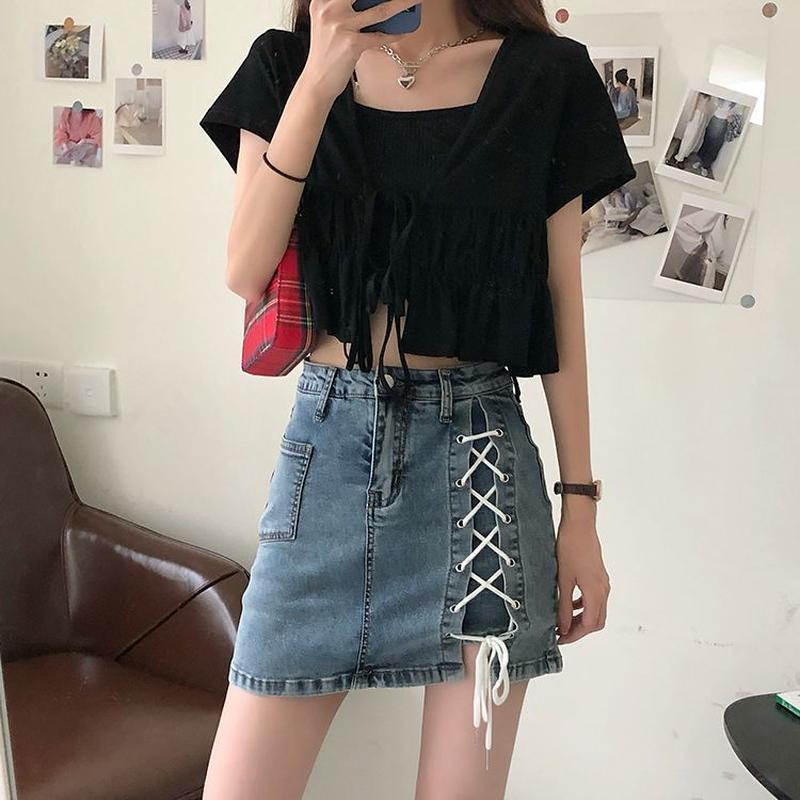 編込み デニムスカート ショートパンツ 韓国ファッション レディース スカパン インナーパンツ