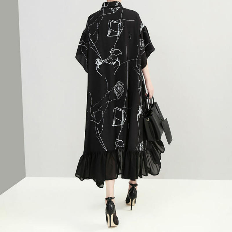 レディース デザインプリント シャツワンピース 個性的ファッション モノトーン フリル アシン