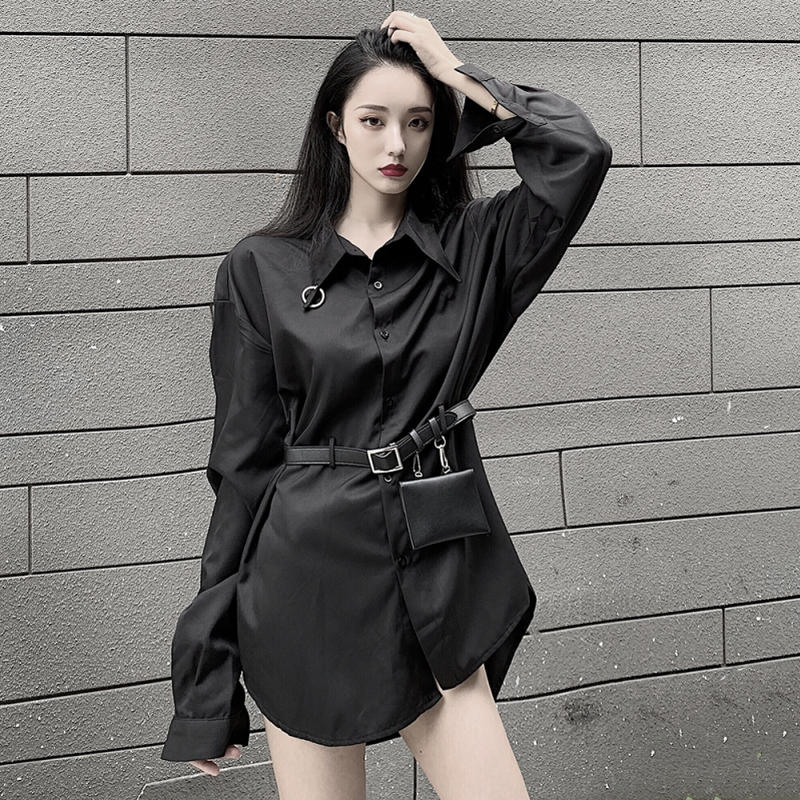 シャツ ブラウス ベルト付き ミニバッグ付き 長袖 韓国ファッション レディース 黒 ブラック