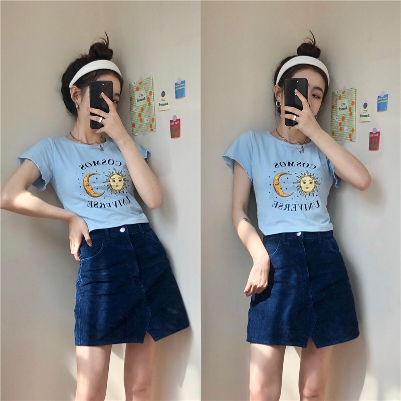Tシャツ 半袖 袖切りっぱなし ショート丈 月と太陽 ブルー 韓国ファッション レディース 青 Tシャツ 半袖 袖切りっぱなし ショート丈 月と太陽 ブルー 韓国ファッション レディース 青
