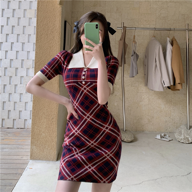 チェック ニット ワンピース 半袖 Polo襟 ハイウエスト 韓国ファッション レディース シ