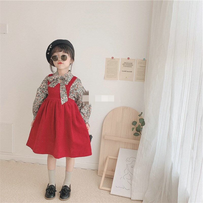 韓国子供服 花柄シャツ コーデュロイ素材 ナチュラル ワンピース ボリューム袖 リボンタイ 9