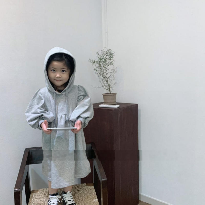 韓国風 キッズ パーカーワンピース 長袖 女の子 Aライン フード付き ボリューム袖 グレー