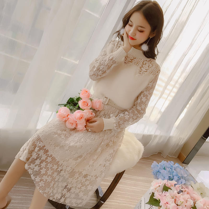 冬新商品ドレス ニット レース ワンピース 長袖 ひざ下 マキシワンピース 総レース 韓国ファ