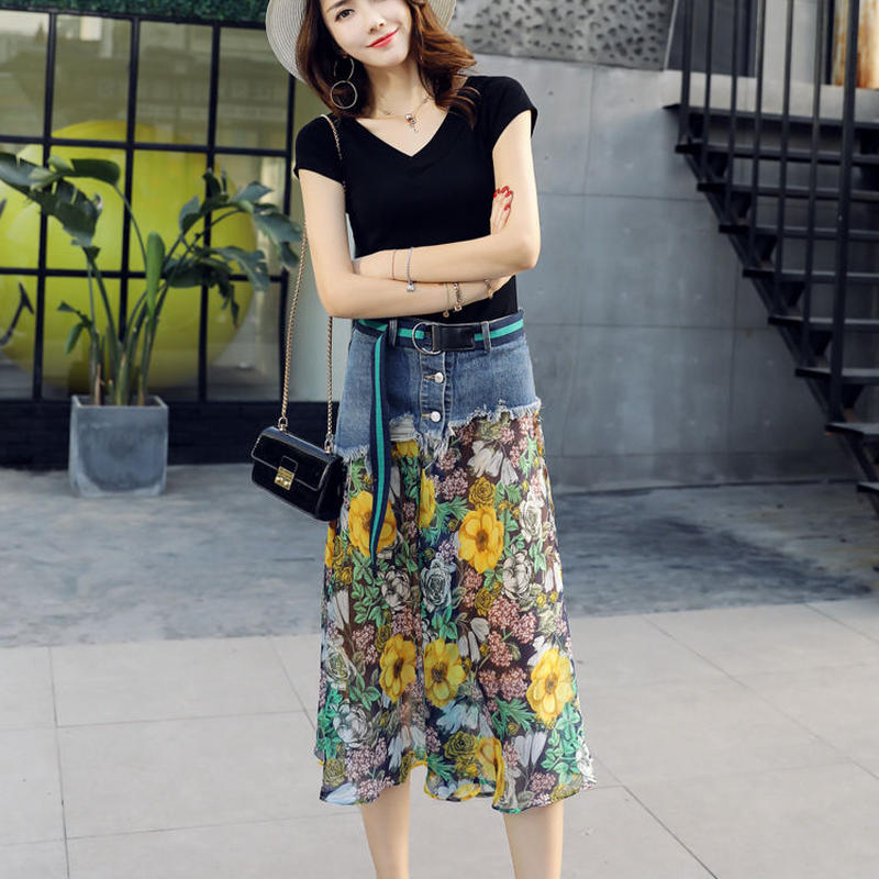 オールインワン 上下セットアップ セットアップ スカート デニム シフォンスカート ロング丈