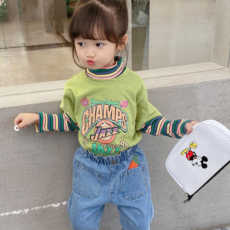 韓国子供服 カラフルボーダー 重ね着風長袖tシャツ キッズ アルファベット カジュアル ジュニ