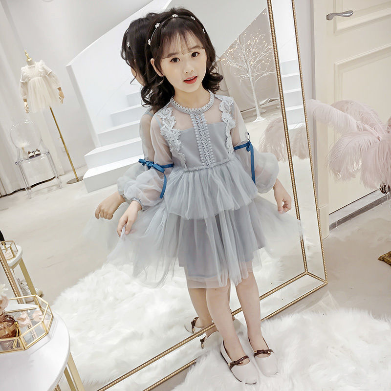 キッズ女の子 長袖 リボン ひざ丈 レースワンピース チュールスカート ブラウン チュチュスカ