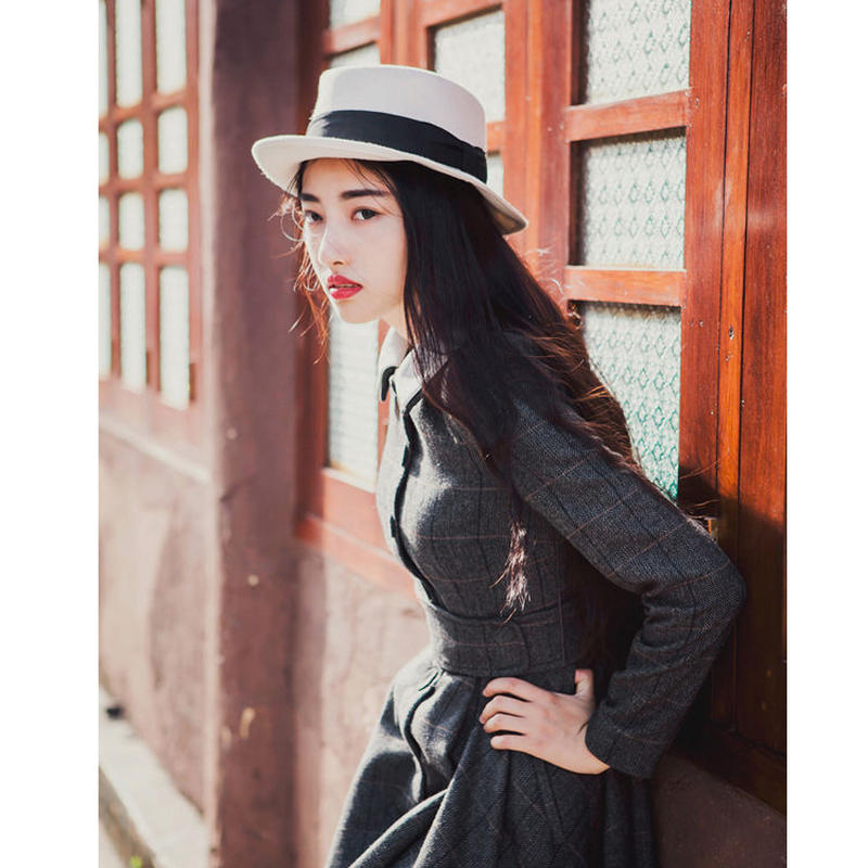 ワンピース ロング丈 長袖 レトロ感 秋色 タータンチェック レトロワンピース コート風 チェ