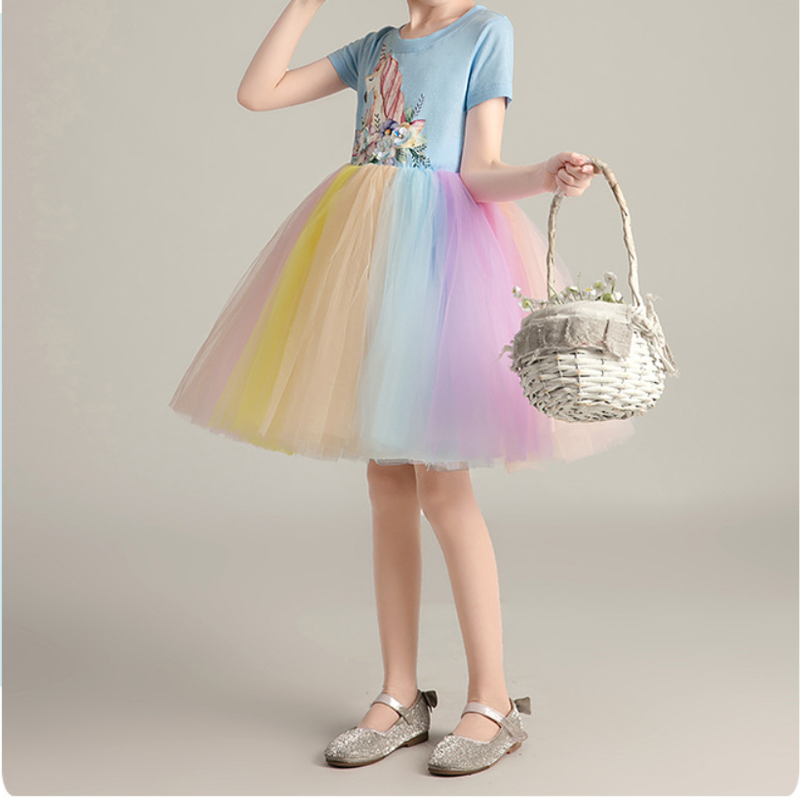 ユニコーン柄 半袖 レインボー チュールワンピース 女の子 100 150 韓国子供服 チュ