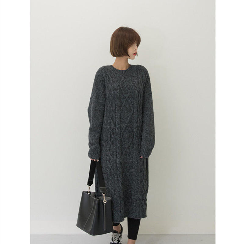レディース ケーブル編みセーター ニットワンピース ロング丈グレー ニットワンピ 冬ワンピース