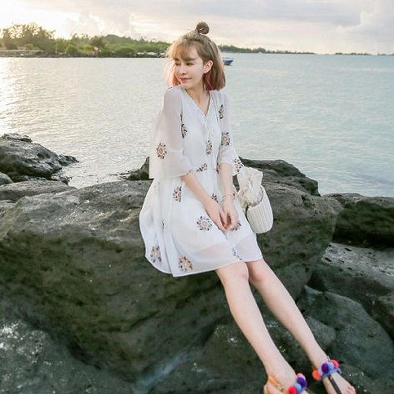 森ガール ナチュラル ミモレ丈 カジュアル デート ミニ丈 春夏ワンピ シフォン ボヘミアン風