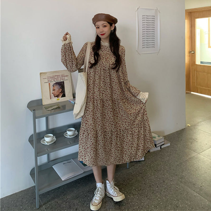 アンティーク調 小花柄ワンピース フラワー総柄 マキシワンピース レース ティアードワンピース