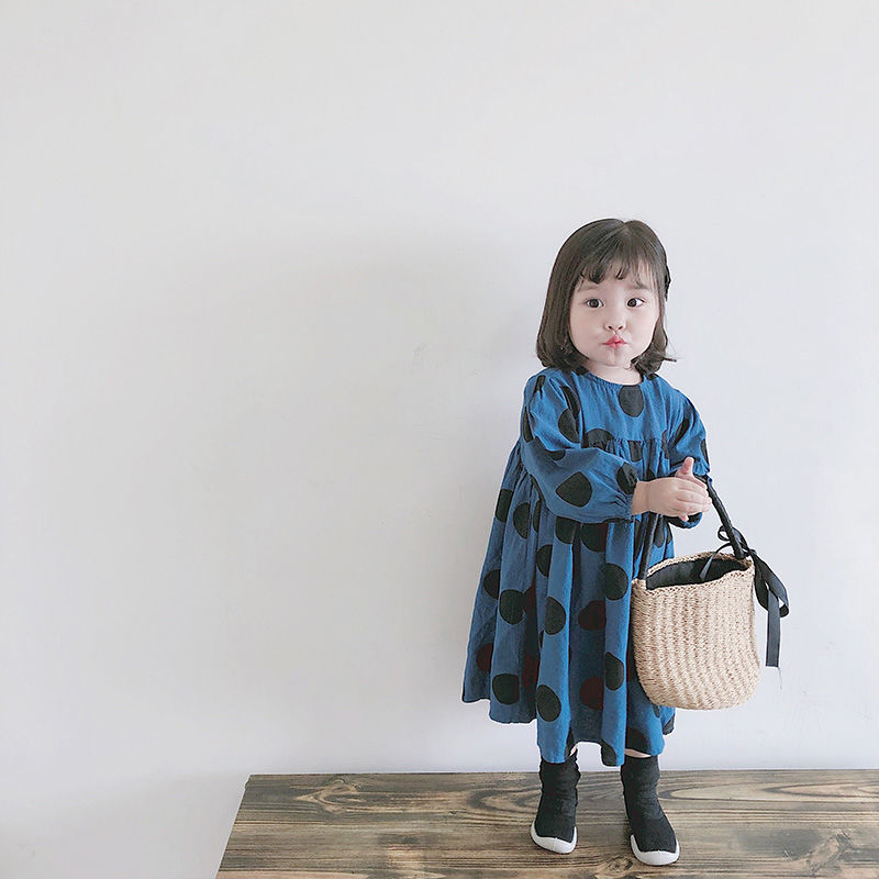 韓国子供服 おしゃれ ナチュラル ドット 長袖ワンピース ボリューム 水玉 キッズお買い得商品