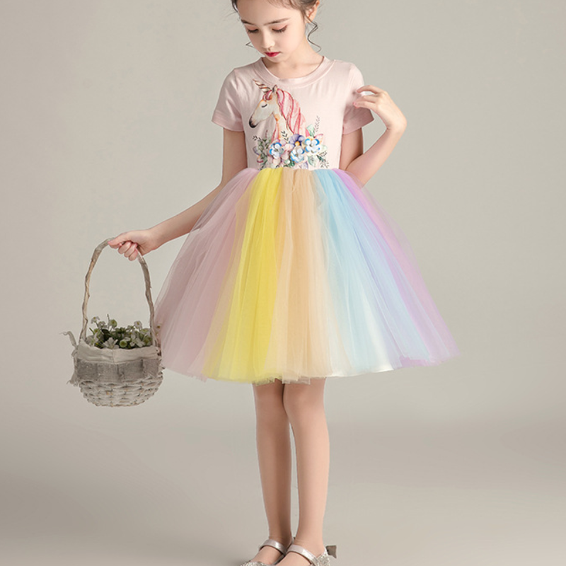 ユニコーン柄 半袖 レインボー チュールワンピース 女の子 100 150 韓国子供服 チュ