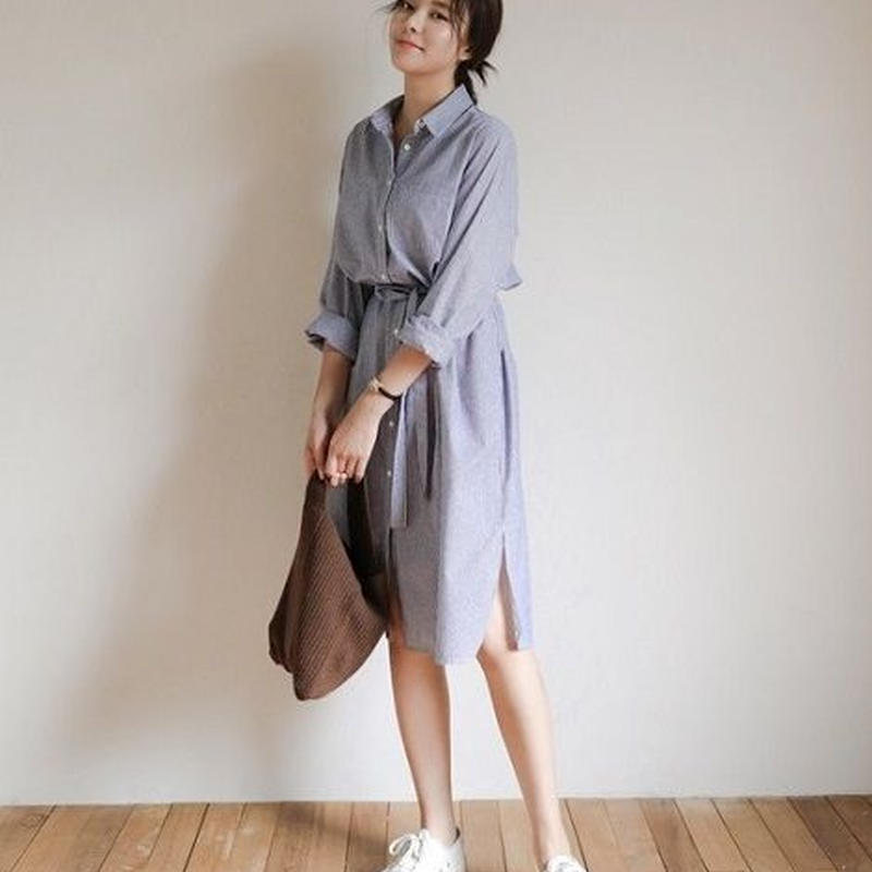 ワンピース チュニック ひざ丈 長袖 春 ストライプ シャツワンピース 通勤 通学 デート カ