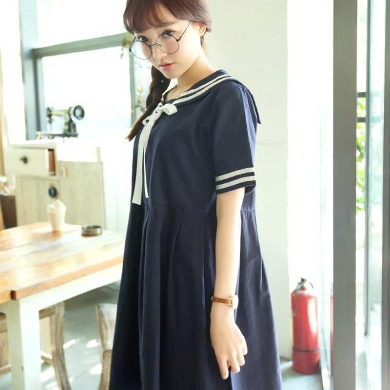 ワンピース チュニック ひざ丈 半袖 レトロ レトロ感 セーラー服風 森ガール セーラー服 女