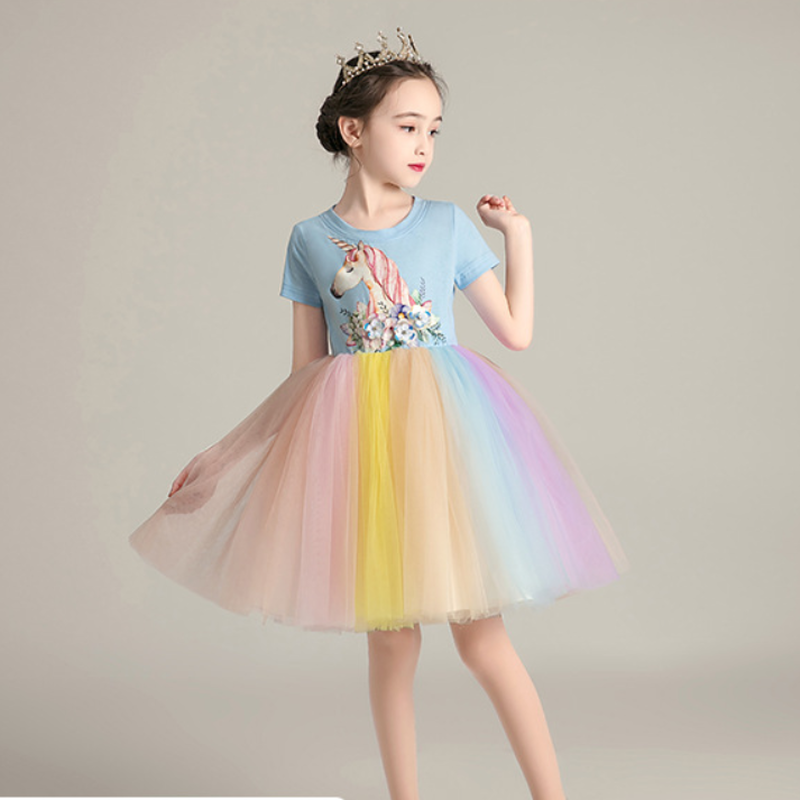 ユニコーン柄 半袖 レインボー チュールワンピース 女の子 100 150 韓国子供服 チュ