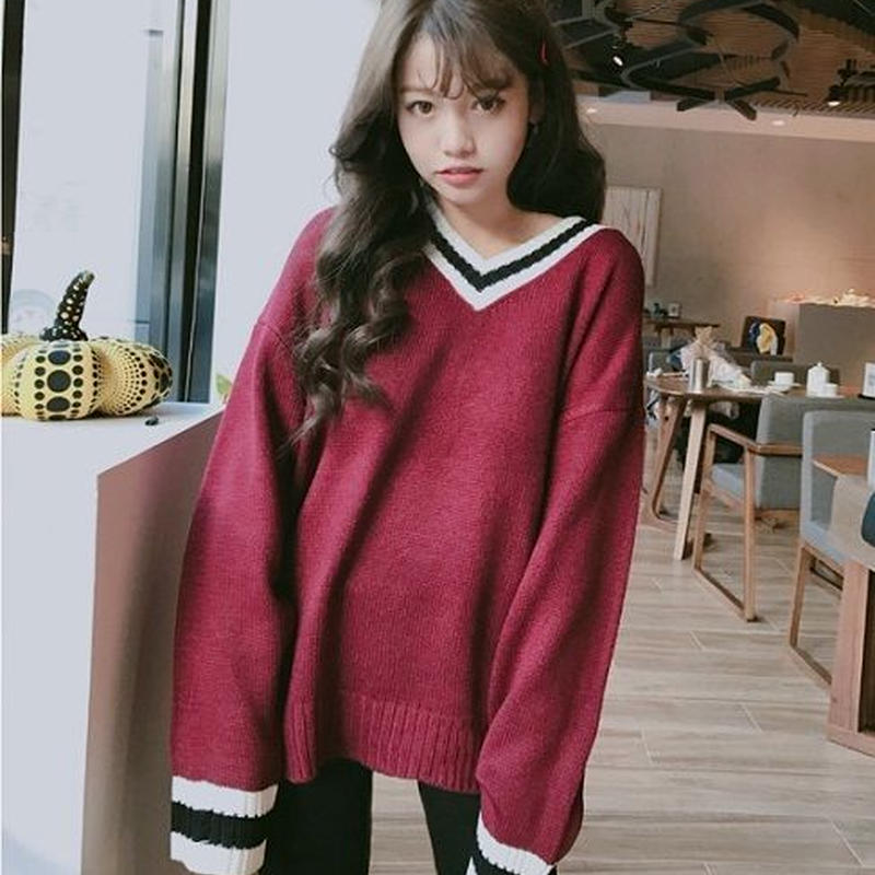 トップス ニット セーター 長袖 ゆったり 可愛い 学生風 Vネック 韓国 秋 冬 ニットセー