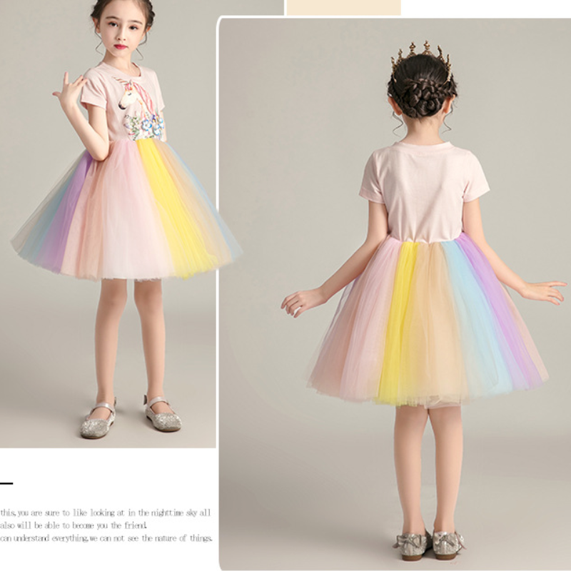 ユニコーン柄 半袖 レインボー チュールワンピース 女の子 100 150 韓国子供服 チュ