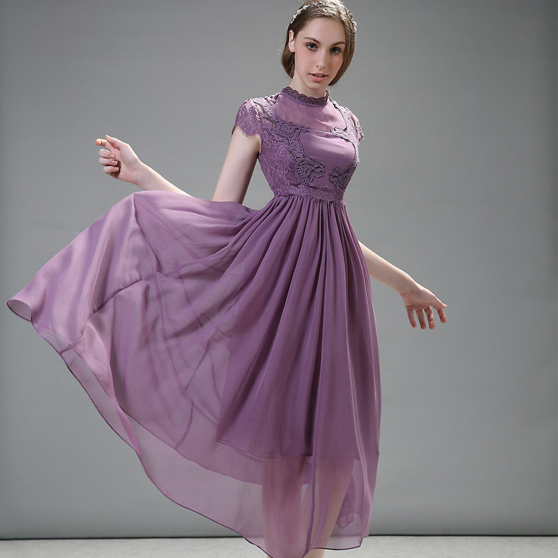 くすみパープルミモレ丈ワンピース 韓国 ファッション レディース パーティードレス お呼ばれワ