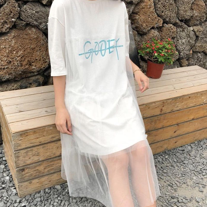 ワンピース ショート ミニ丈 五分袖 春 夏 半袖 Tシャツワンピース チュール 重ね着風 プ