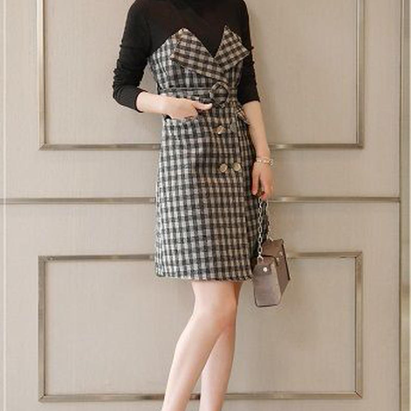 フォーマル ドッキング ワンピース 長袖 タイト 膝丈 レイヤード 配色 シンプル きれいめ