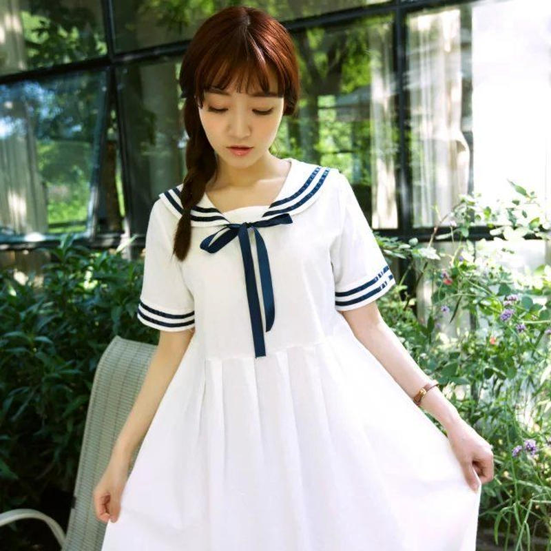 ワンピース チュニック ひざ丈 半袖 レトロ レトロ感 セーラー服風 森ガール セーラー服 女