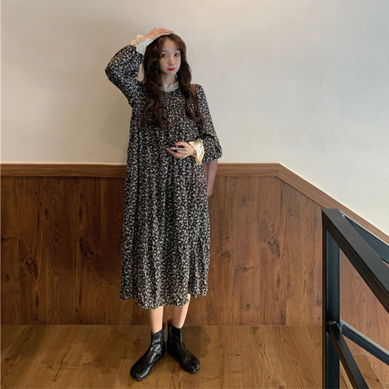 アンティーク調 小花柄ワンピース フラワー総柄 マキシワンピース レース ティアードワンピース