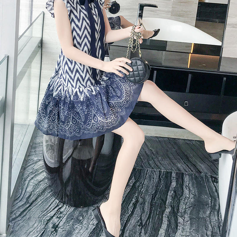 清楚な森ガールな夏ワンピ シフォンスカート フロントリボン ドレスワンピース ミニスカート 送