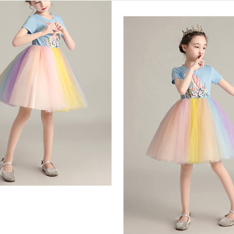 ユニコーン柄 半袖 レインボー チュールワンピース 女の子 100 150 韓国子供服 チュ