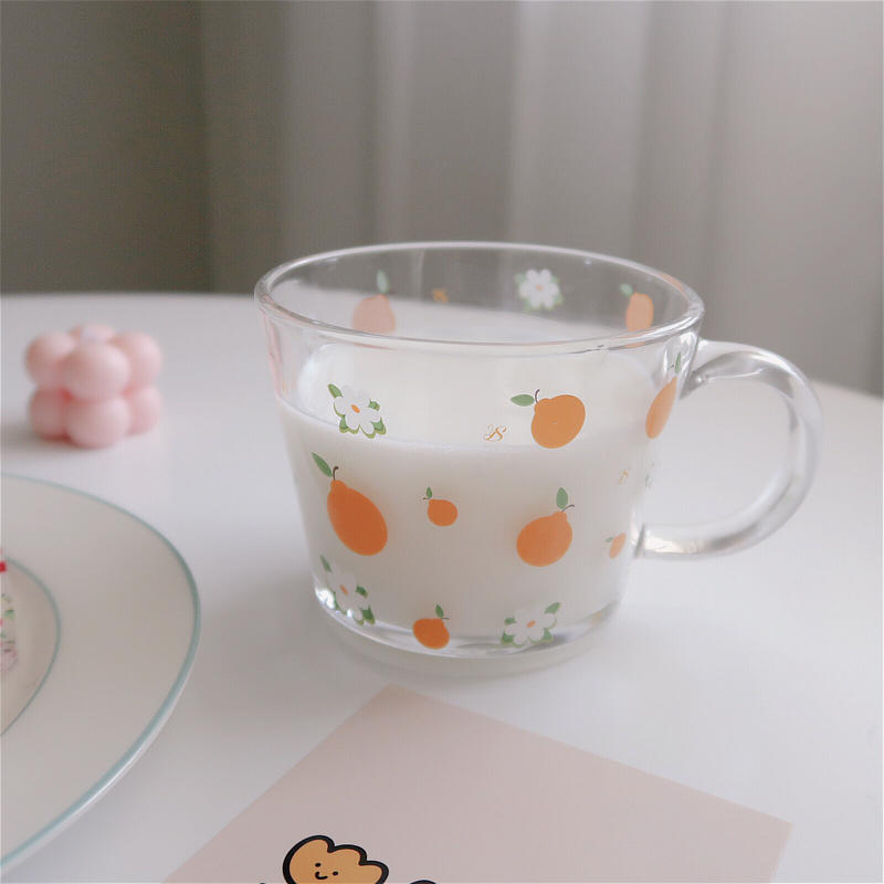 お取り寄せ商品 ガラスカップ ガラスマグ ハンドル付き オレンジ柄 ロゴ かわいい L411