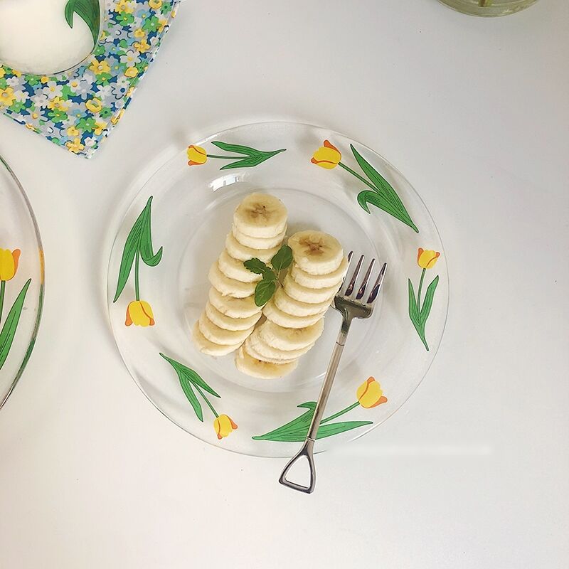 お取り寄せ商品 イエローチューリップ 花柄 フラワー ガラス 食器 ガラスプレート お皿 グ