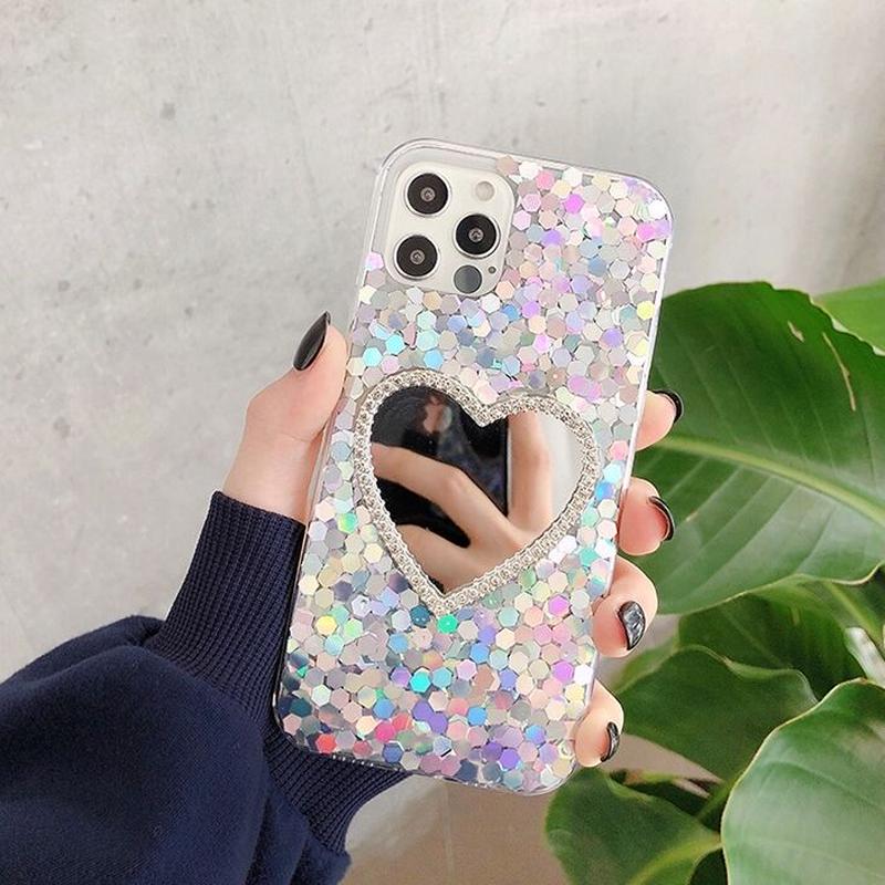 お取り寄せ商品 Iphoneケース Iphone12 キラキラ スパンコール ハートミラー