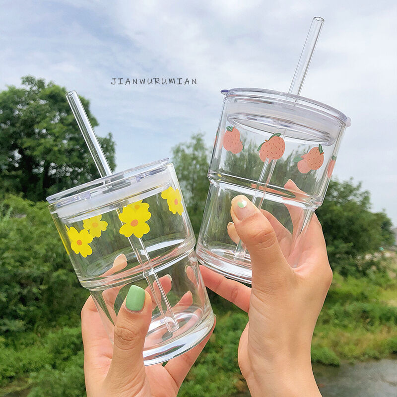 お取り寄せ商品 フタ付き コップ グラス ガラスコップ ストロー Flower Peach