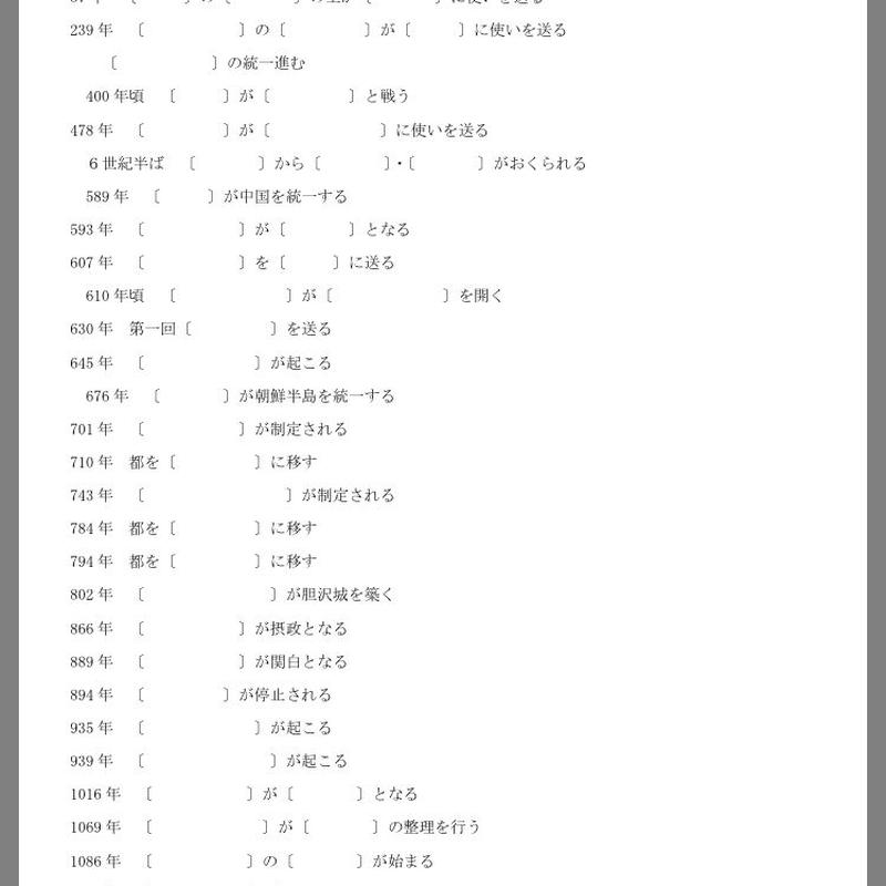 中学歴史 重要事項の年表 数量限定 学習プリント集