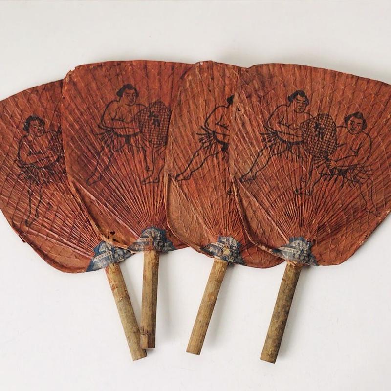 お相撲さん柄 古い団扇 戦前 竹のうちわ １３点セット 力士 大力 柿渋染め和紙 アン
