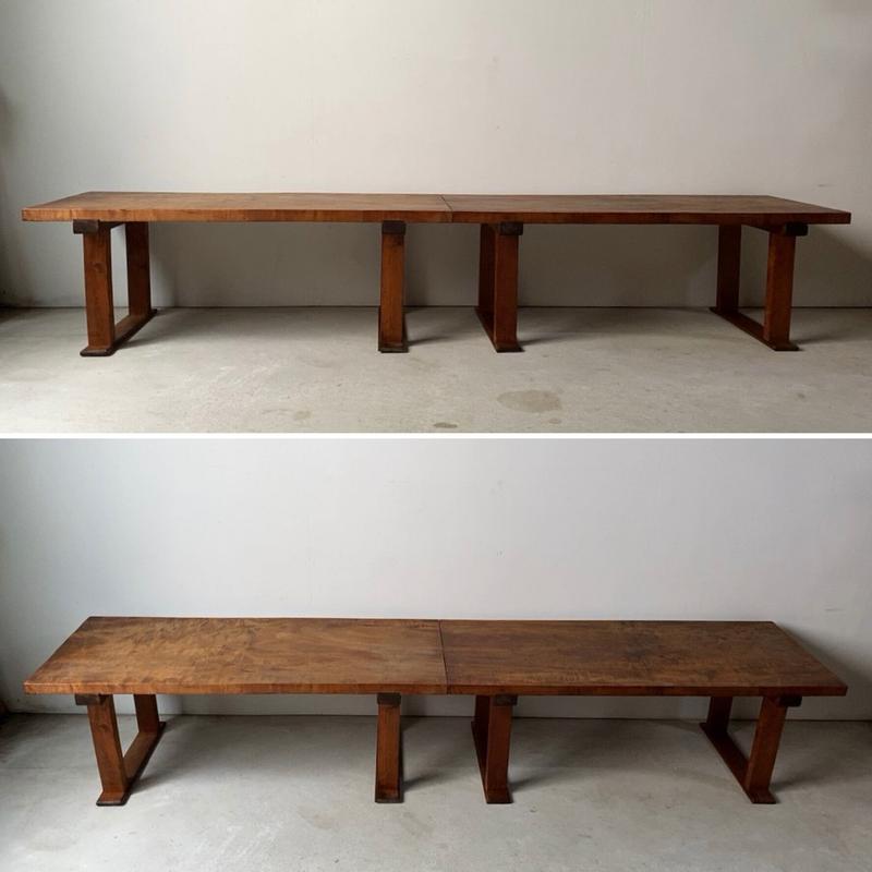 古い繋ぎの裁縫机 カリン天板の美木目 裁ち台 文机 ジョイント式長いローテーブル 昭和のハイ