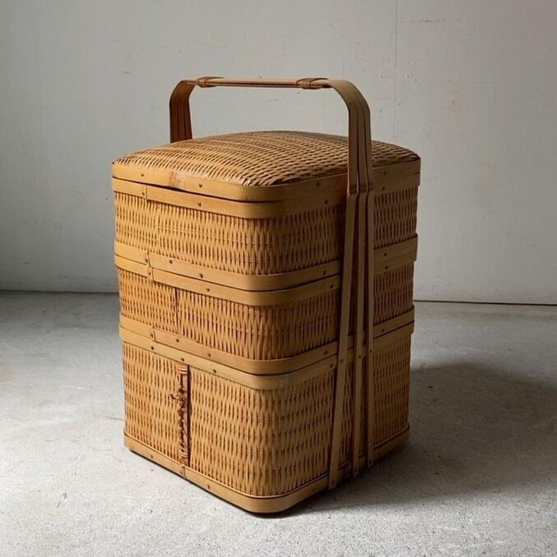 竹のお重 持ち手付三段重 竹編み 竹工芸 重箱 ドーム蓋 工芸品 民芸品