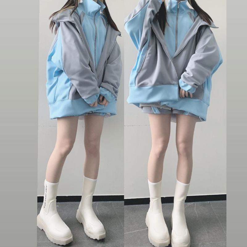 メインホワイト×水色 maonosuke パーカー 〇メインホワイト×水色〇 ハイネックフードジップパーカー