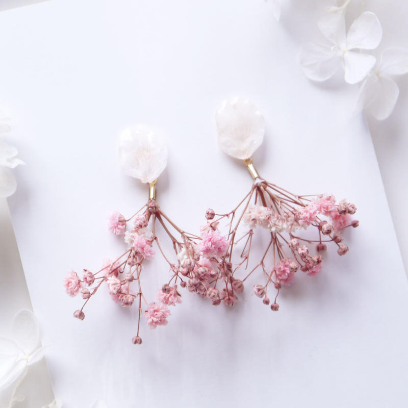 Everpink Sakura 本物のお花 桜の花びらとかすみ草のピンクブーケ 揺れるスタッ