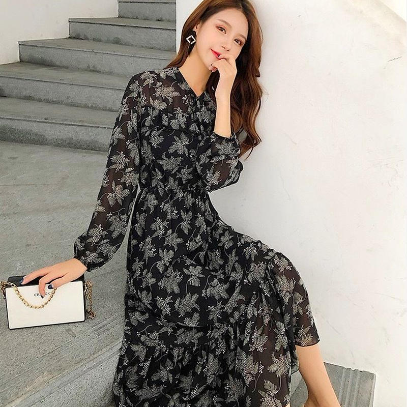 シフォン ワンピース 春 秋 リボン フリル 長袖 ロング ブラック S Xlサイズ 送料無料