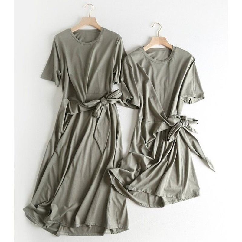 スカート丈が選べる ウエスト リボン 付き Tシャツ ワンピース ロング