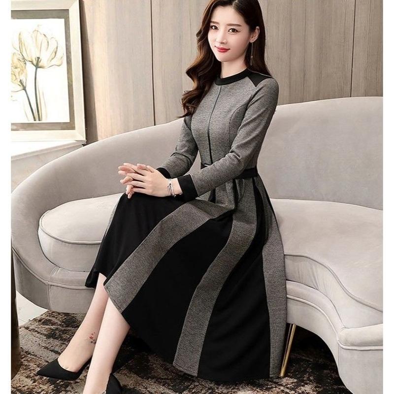 上品 クラシック ワンピース ドレス 秋 冬 ベルト ラウンドネック 長袖 膝丈 プリンセスス