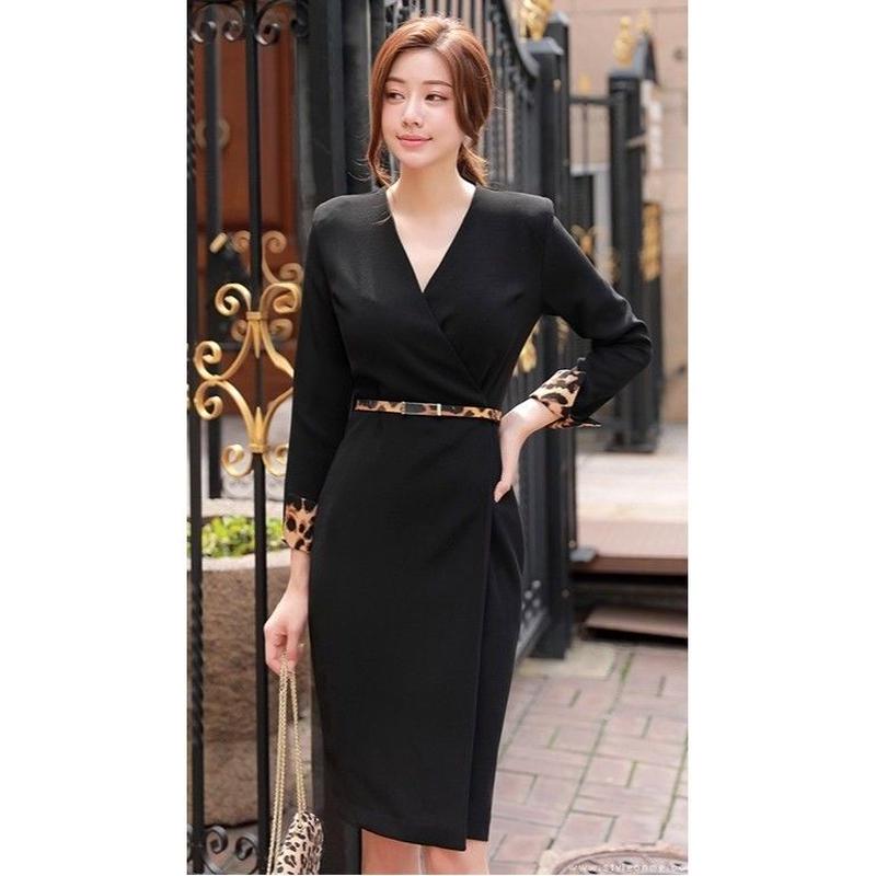 上品 ワンピース 秋 ヒョウ柄 ベルト 付き Vネック 膝丈 Ol 通勤 仕事 デート お出か