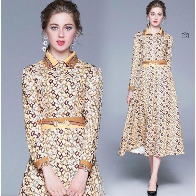 上品 秋 冬 プリント ワンピース 長袖 ロング イエロー M Xlサイズ 送料無料 Tw