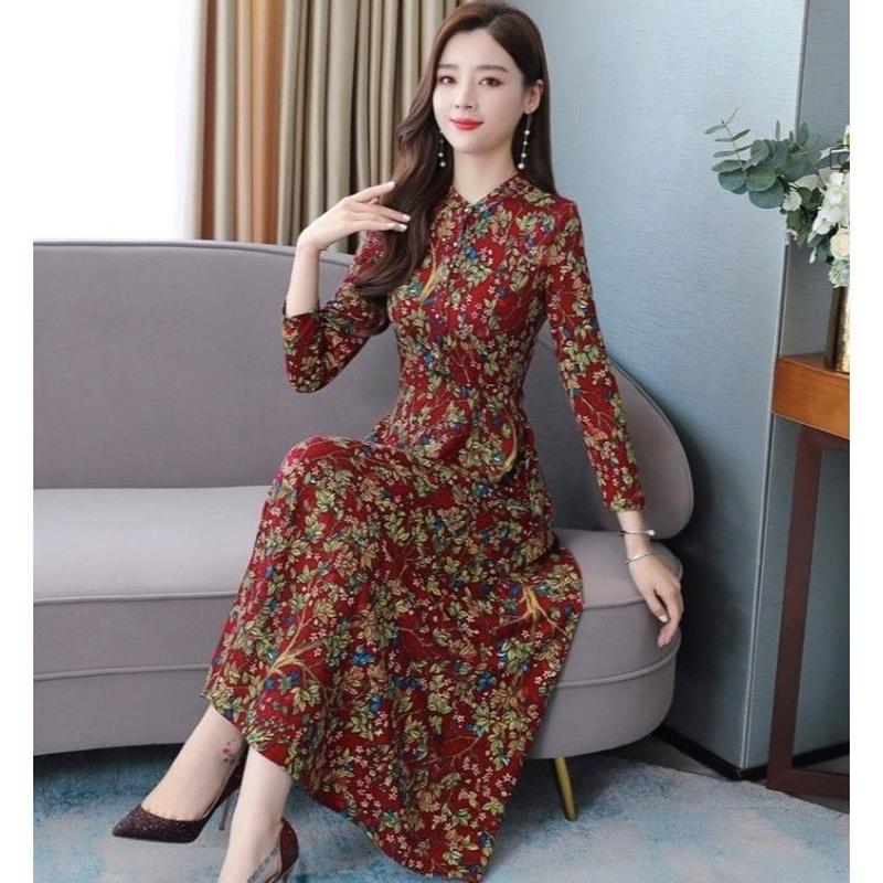 上品 エキゾチック ワンピース 秋 冬 コットン ロング マキシ 長袖 レッド S Xlサイズ