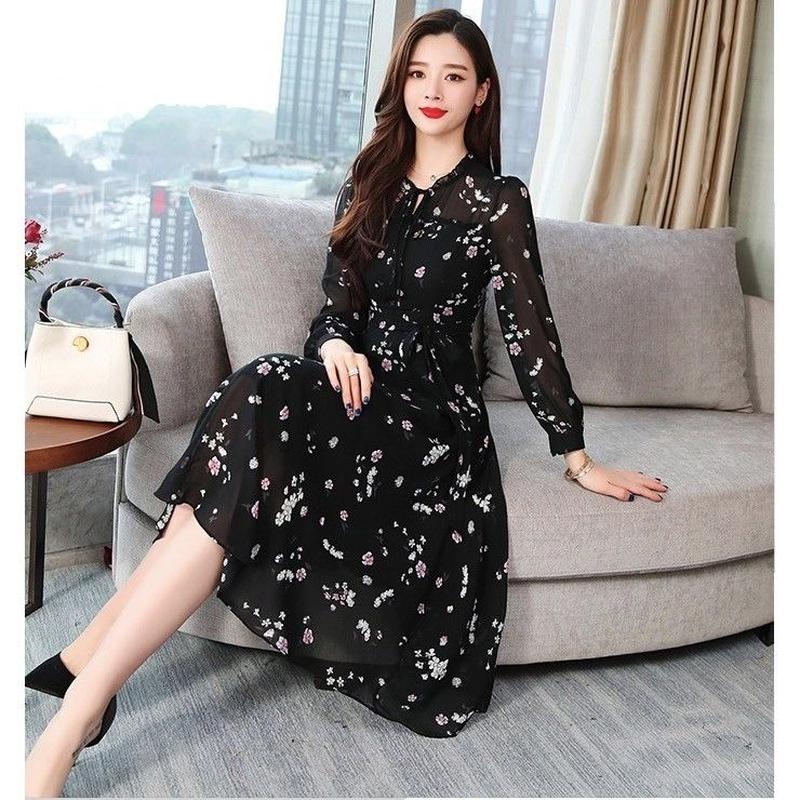 フェミニン 花柄 シフォン ワンピース 春 秋 リボン 長袖 Aラインスカート ロング ブラ