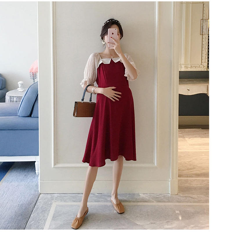 マタニティ ワンピース 異素材 お嬢様風ワンピース バルーンスリーブ マタニティウェア専門