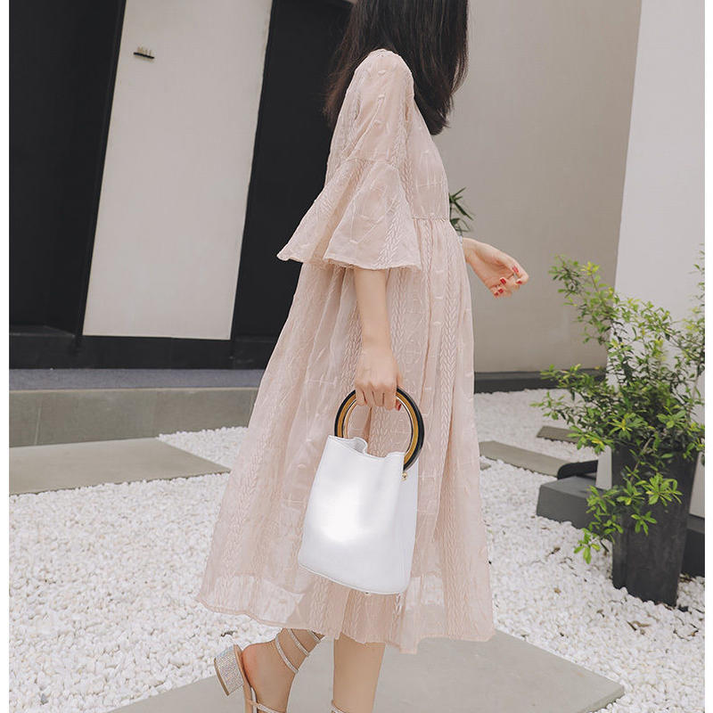 繊細刺繍レースフリル七分袖マタニティワンピース 胸下切り替え ロングワンピース マタニティ