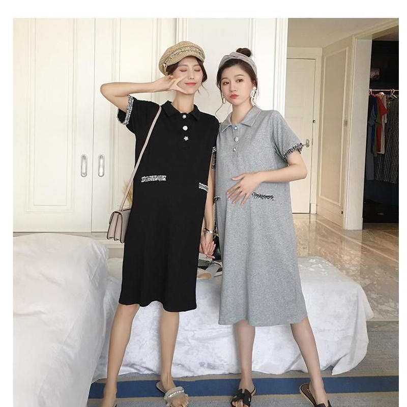マタニティ ワンピース ツイード袖 ポケット ポロワンピース おしゃれボタン マタニティウ